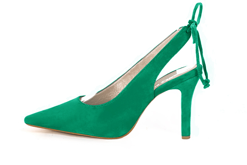 Emerald green women's slingback shoes. Pointed toe. High slim heel. Profile view - Florence KOOIJMAN